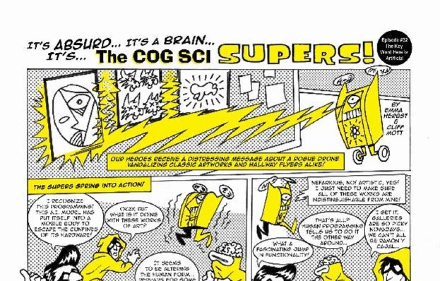 A snippet of a Cog Sci Supers comic strip.